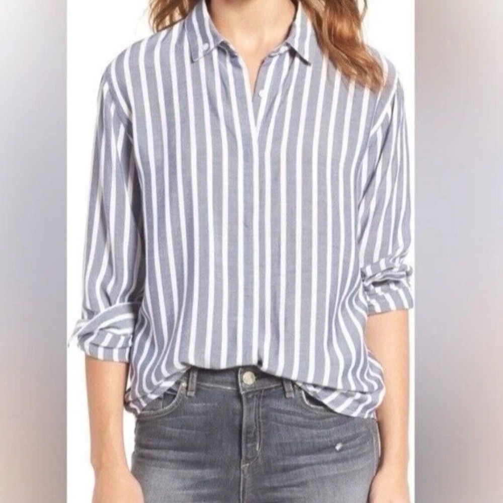 RAILS Avery Button-Front and Back Long Sleeve Collard Top Blue White Stripped SM